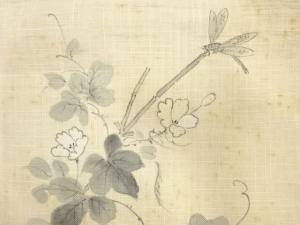 アンティーク　紗紬　手描き　蜻蛉に花模様名古屋帯